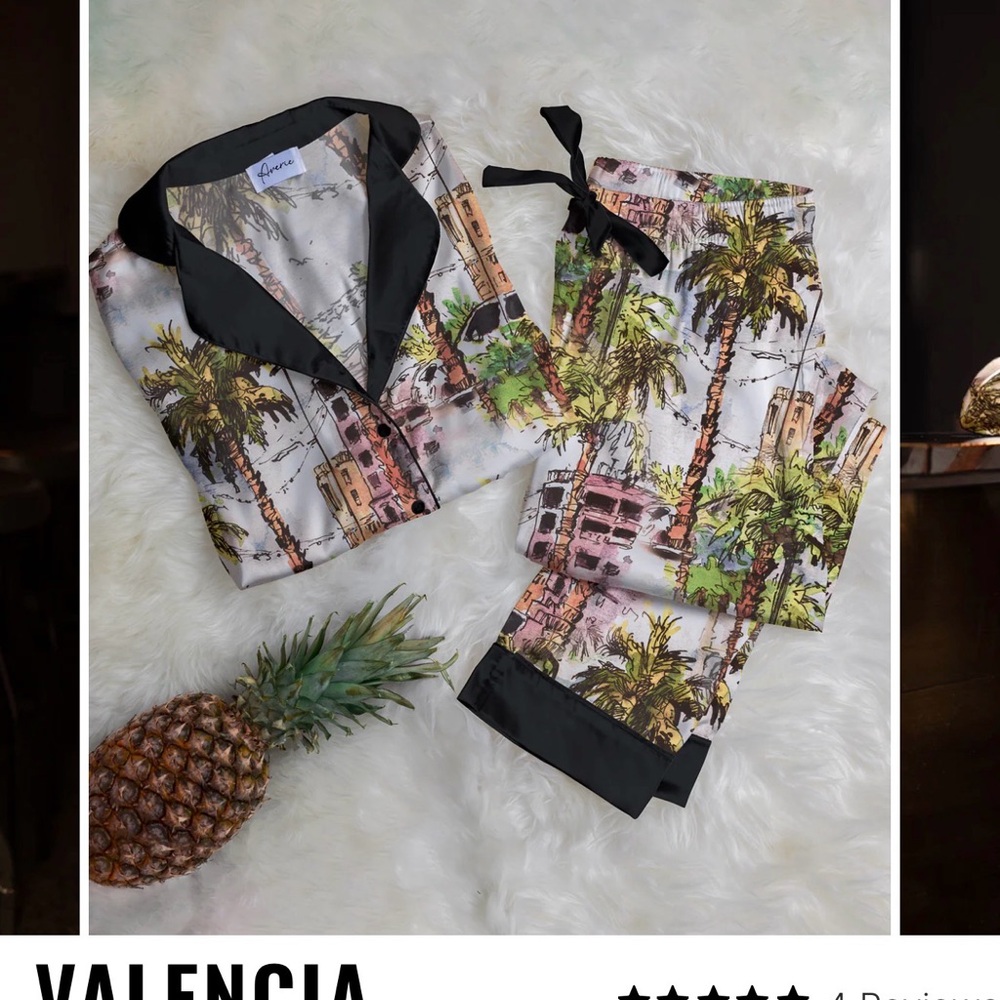 Averie Valencia Palm Print Pajama Set Saks XXL Satin - Picture 3 of 9
